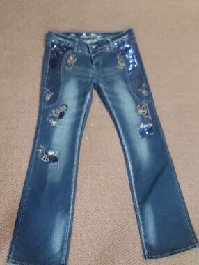 Women's Blue Embroidered Flare Jeans with Sequin Detail